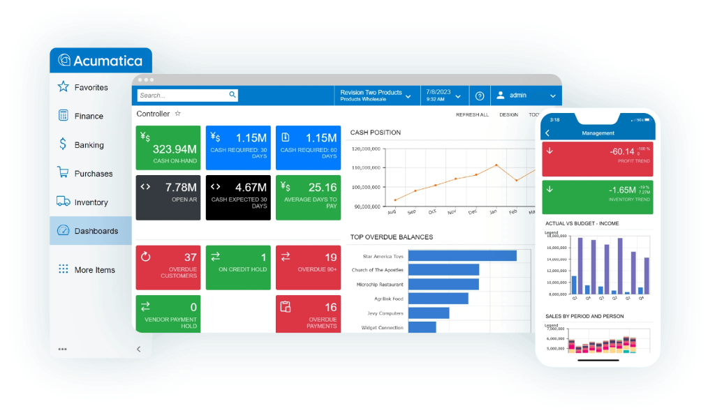 Acumatica Cloud ERP - S4 Consulting - Tư vấn Acumatica & Oracle NetSuite ERP Dashboard của Acumatica hiển thị trên PC và thiết bị di động, hỗ trợ quản lý và giám sát hoạt động kinh doanh dễ dàng mọi lúc, mọi nơi.