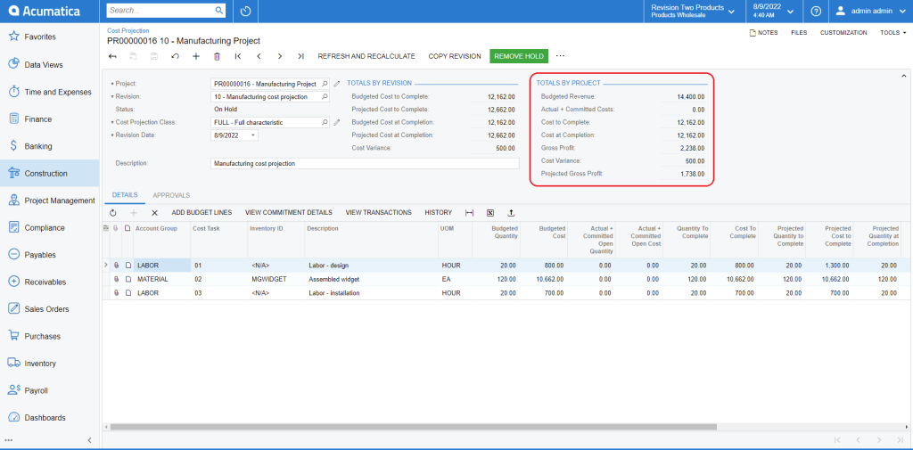 Dashboard Acumatica Construction theo dõi P/L và dự báo chi phí dự án theo thời gian thực