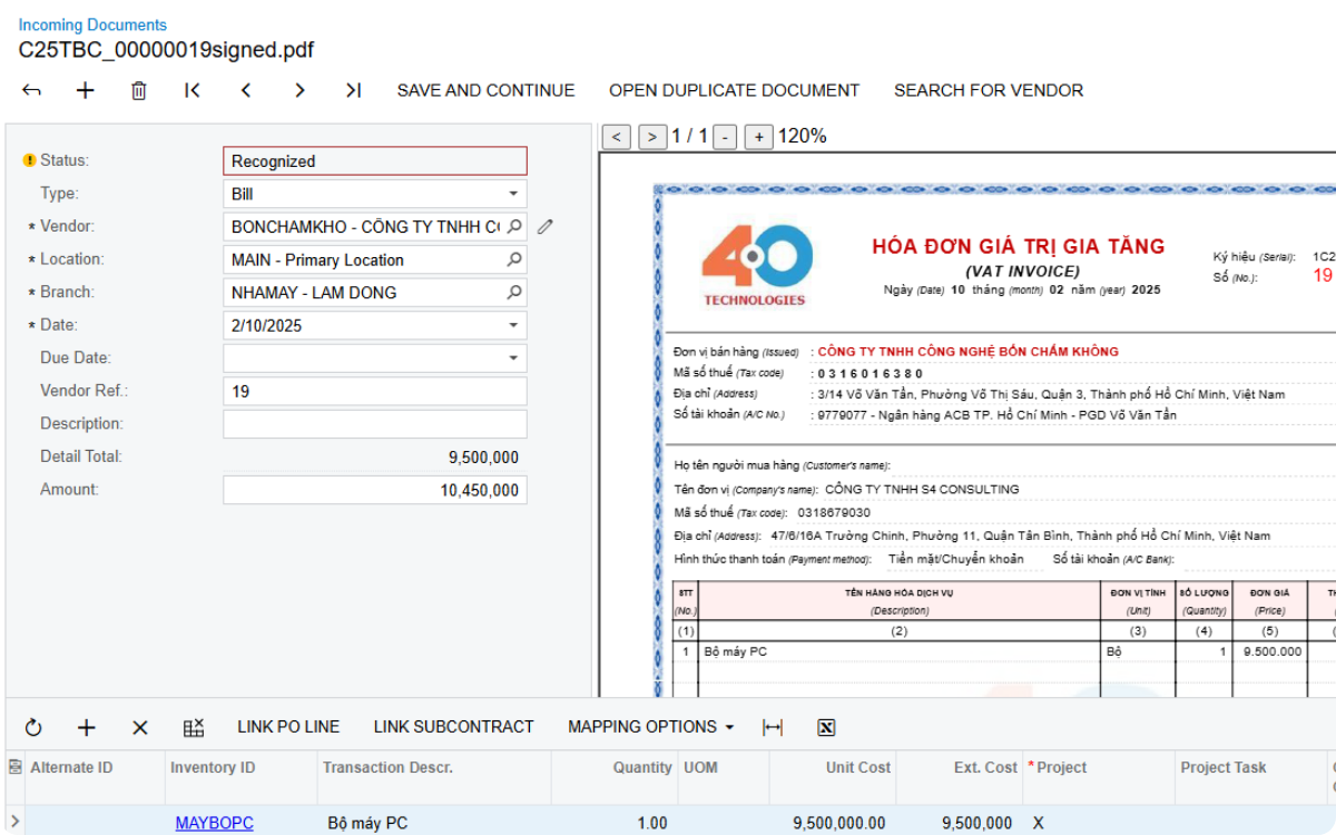 Acumatica AP Invoice Automation - S4 Consulting – Acumatica & Oracle NetSuite ERP Services in Vietnam  S4 Consulting – Acumatica & Oracle NetSuite ERP Services in Vietnam