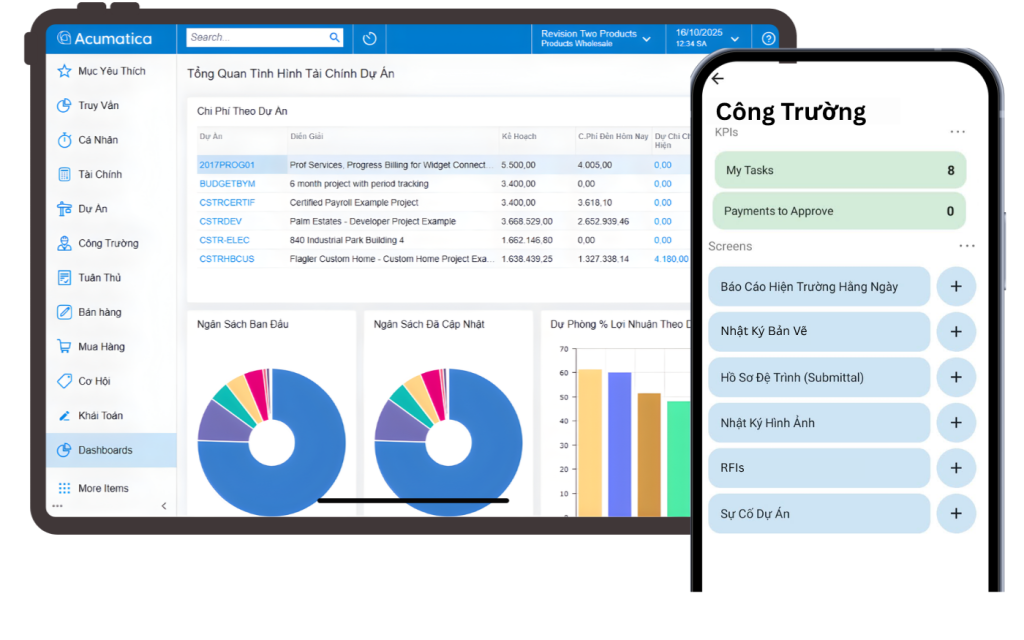 Acumatica Construction Edition dashboard tài chính dự án kết hợp mobile app công trường
