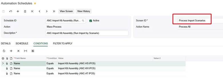 image - S4 Consulting Professional cloud services Acumatica Automation Schedule screen demonstrating automated execution of the File Sync and Import Scenario tasks.