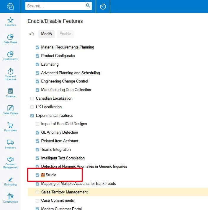 image - S4 Consulting – Acumatica & Oracle NetSuite ERP Services in Vietnam Bật tính năng AI Studio trong màn hình Enable Disable Features CS100000 của Acumatica