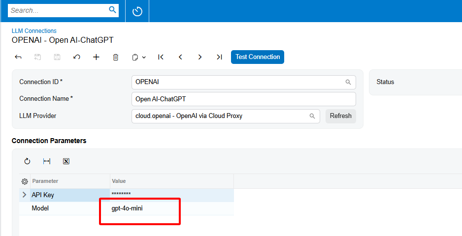 image - S4 Consulting – Acumatica & Oracle NetSuite ERP Services in Vietnam Cấu hình kết nối OpenAI trong Acumatica AI Studio tại màn hình LLM Connections ML201000