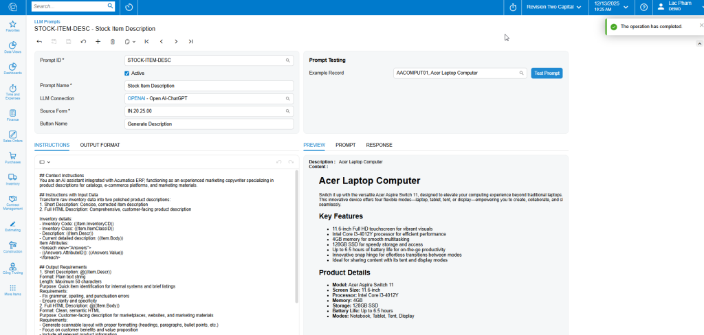 image - S4 Consulting – Acumatica & Oracle NetSuite ERP Services in Vietnam Tạo LLM Prompt trong Acumatica AI Studio tại màn hình ML202000 để sinh mô tả sản phẩm