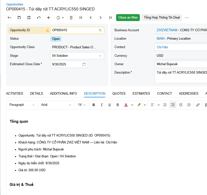 image - S4 Consulting – Acumatica & Oracle NetSuite ERP Services in Vietnam Kiểm tra kết quả AI sinh nội dung trực tiếp trong màn hình cấu hình Prompt của Acumatica