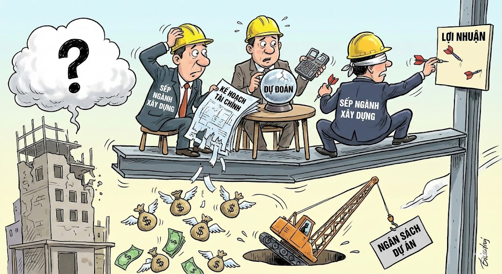 Hình biếm họa lãnh đạo ngành xây dựng lúng túng quản trị tài chính, dự báo bằng cảm tính gây thất thoát ngân sách dự án.