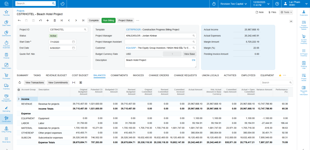 image - S4 Consulting – Acumatica & Oracle NetSuite ERP Services in Vietnam Dashboard tài chính dự án trong Acumatica Construction ERP với Actual Cost, Revenue, Gross Profit và Margin to Date