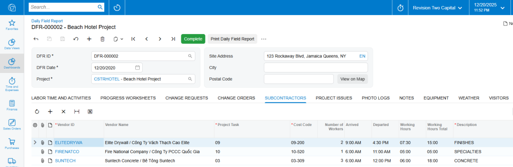 Một màn hình ghi nhận công việc nhà thầu phụ