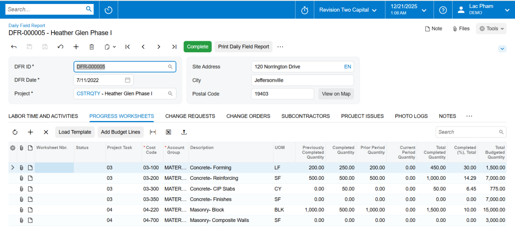Acumatica Construction Daily Field Report screen showing labor, progress, costs, and project activities