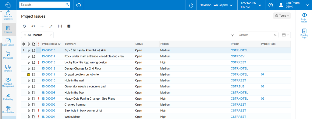 Acumatica Construction Issues module showing project issues, priority, status, and responsible users