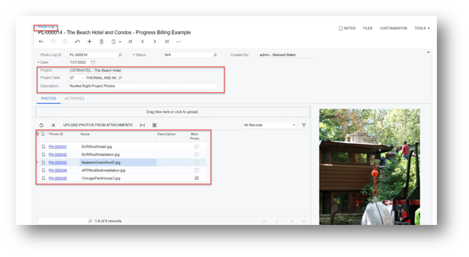 Acumatica Construction Photo Log module capturing and storing site photos linked to projects and issues