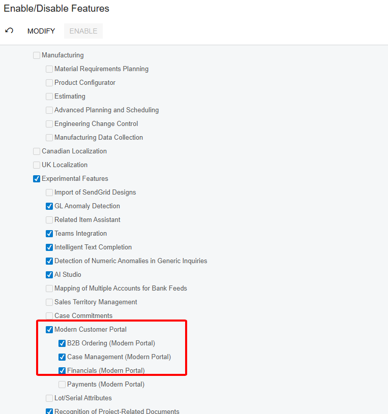 Enabling Modern Customer Portal feature in Acumatica