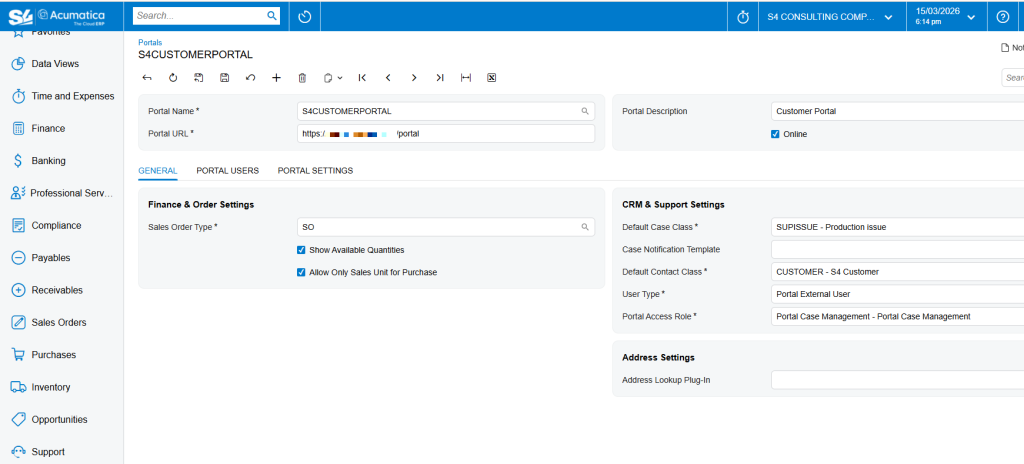 Portal configuration screen SP701000 in Acumatica