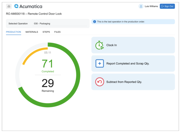 Acumatica Shop Floor Kiosk interface for production reporting with clock in, completed quantity, and real-time shop floor tracking.