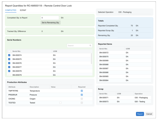 Acumatica Shop Floor Kiosk reporting completed quantities and serial numbers for manufacturing production orders.