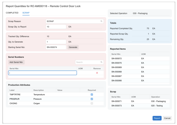 Acumatica Shop Floor Kiosk allows operators to report scrap quantities and production results in real time during manufacturing operations.