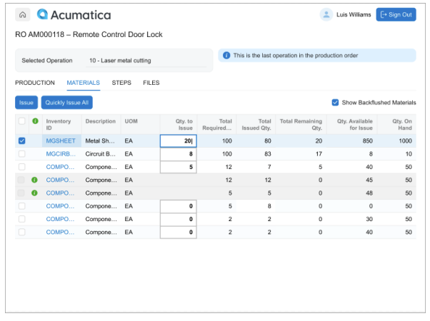 Acumatica Shop Floor Kiosk material issue interface for manufacturing components and production orders.