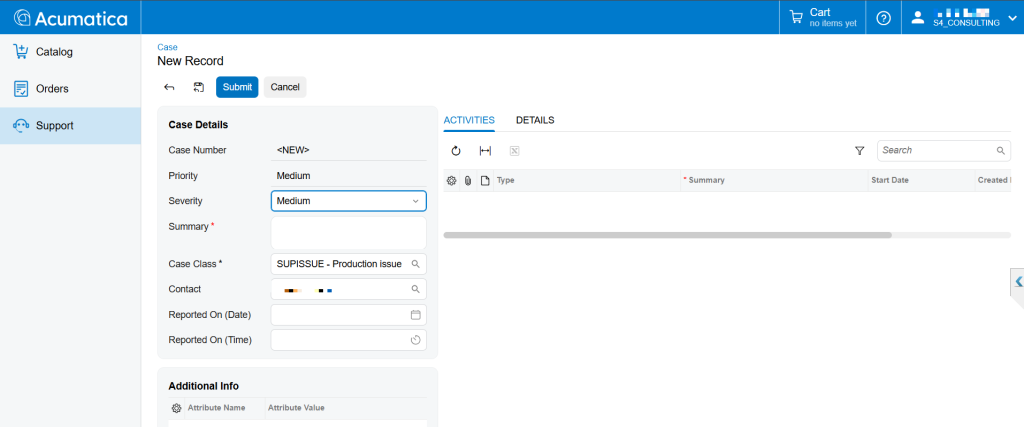 Creating a support case in Acumatica Self-Service Portal