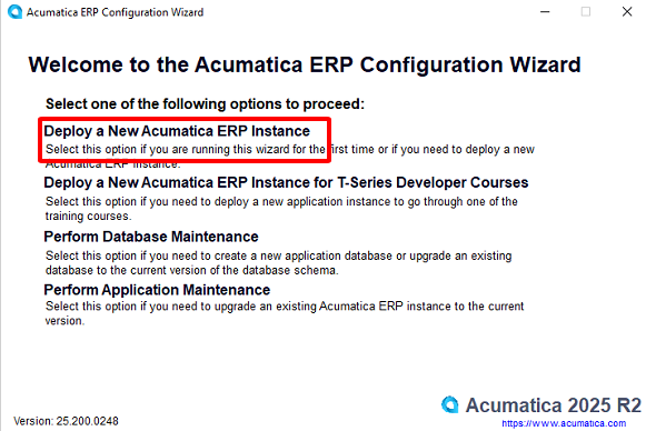 Acumatica ERP Configuration Wizard deploy new instance