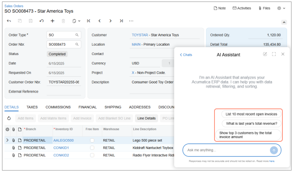 Acumatica AI Assistant – natural language data queries