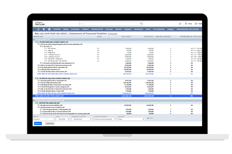 Oracle NetSuite Financial Localization for Vietnam - Statement of Financial Position report
