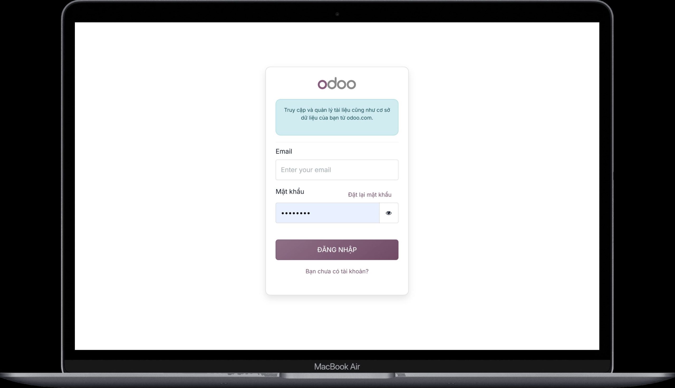 Odoo login screen with Email and Password fields and Log in button