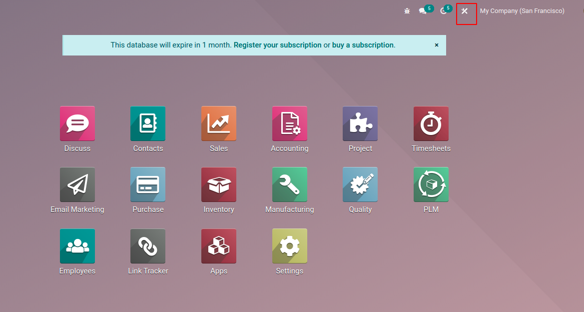 Odoo Apps Dashboard after a successful login