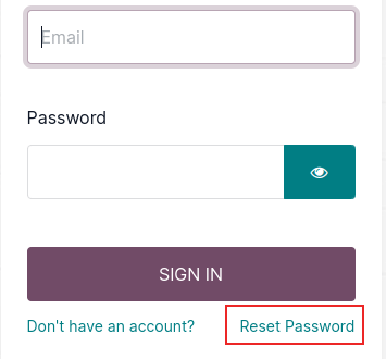 Odoo password reset screen for resetting a password by email