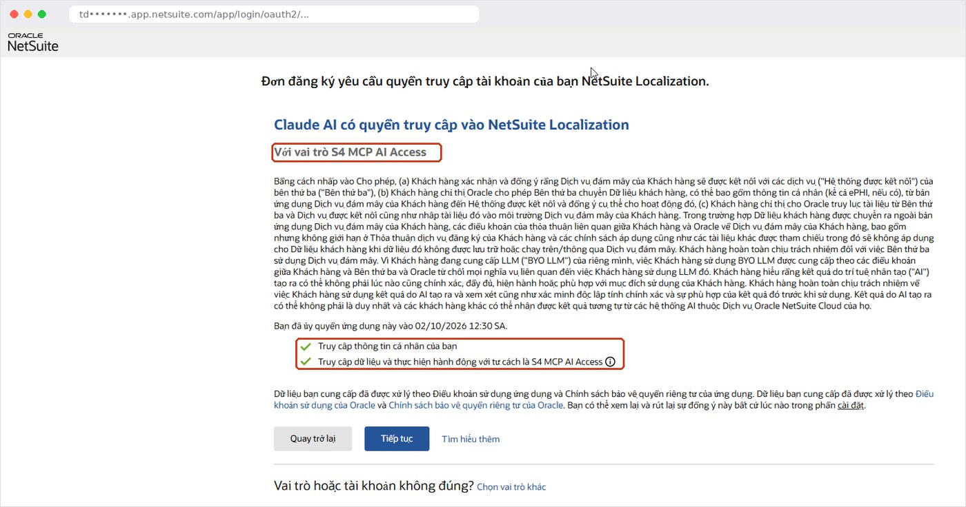 Màn hình chấp thuận OAuth 2.0 khi kết nối Claude với NetSuite AI Connector Service