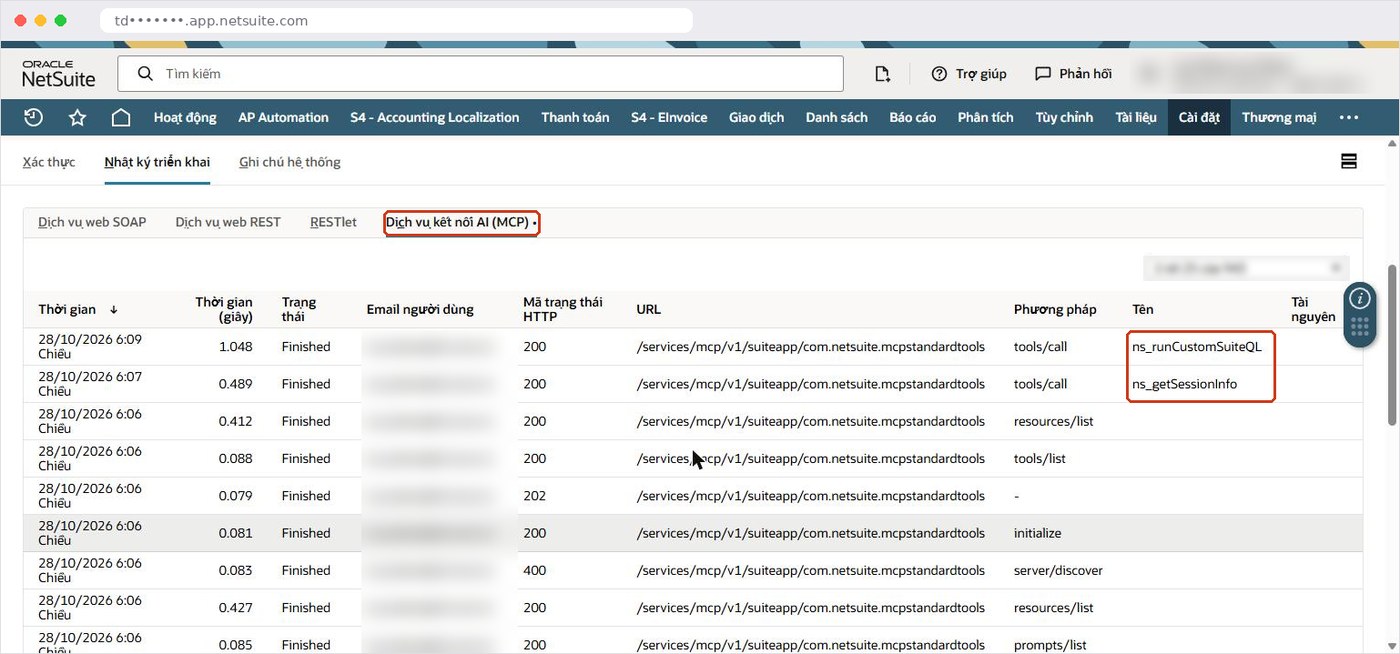 Nhật ký thực thi NetSuite AI Connector Service (MCP) trên Integration Record