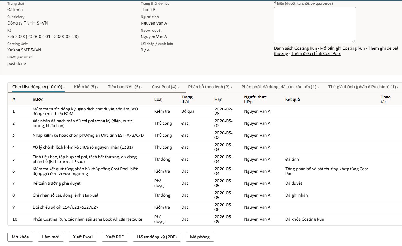 Costing Run tháng 02/2026 của Xưởng SMT trên NetSuite với checklist đóng kỳ 10 bước đều Đạt