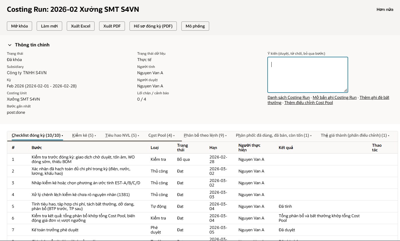 Màn hình Costing Run với các nút Mở khóa, Làm mới, Xuất Excel, Xuất PDF, Hồ sơ đóng kỳ, Mô phỏng