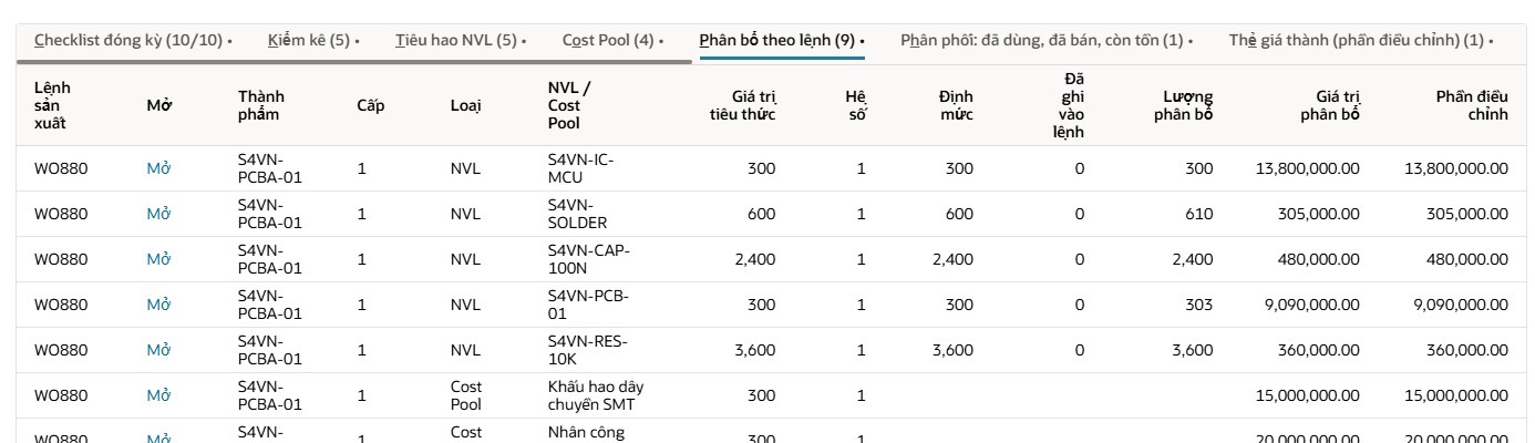 Tab Phân bổ theo lệnh sản xuất: giá trị tiêu thức, hệ số, lượng phân bổ và giá trị phân bổ cho từng NVL và nhóm chi phí