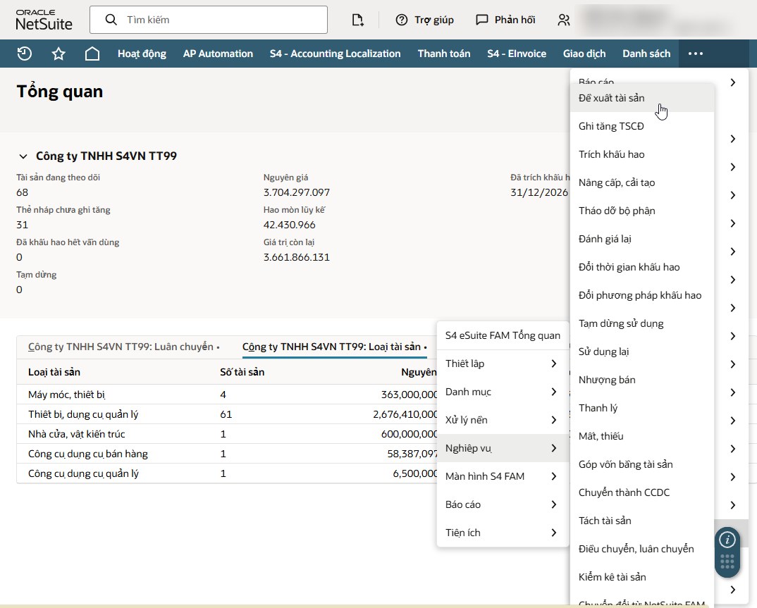 Menu Nghiệp vụ của S4 eSuite FAM trên Oracle NetSuite