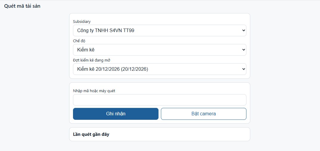 Màn hình quét mã tài sản ở chế độ kiểm kê của S4 eSuite FAM