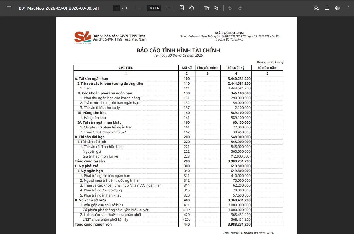 Bản in B01-DN Báo cáo tình hình tài chính theo mẫu Thông tư 99/2025/TT-BTC