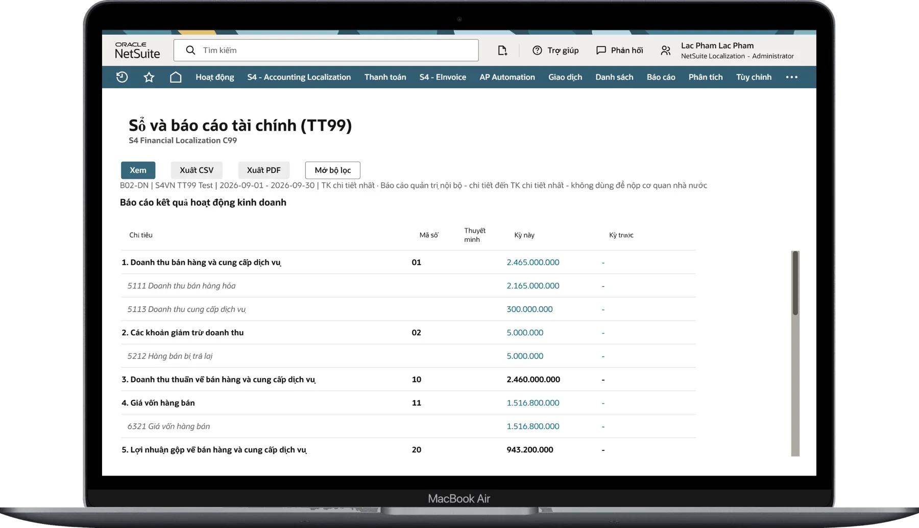 B02-DN income statement with account detail in NetSuite