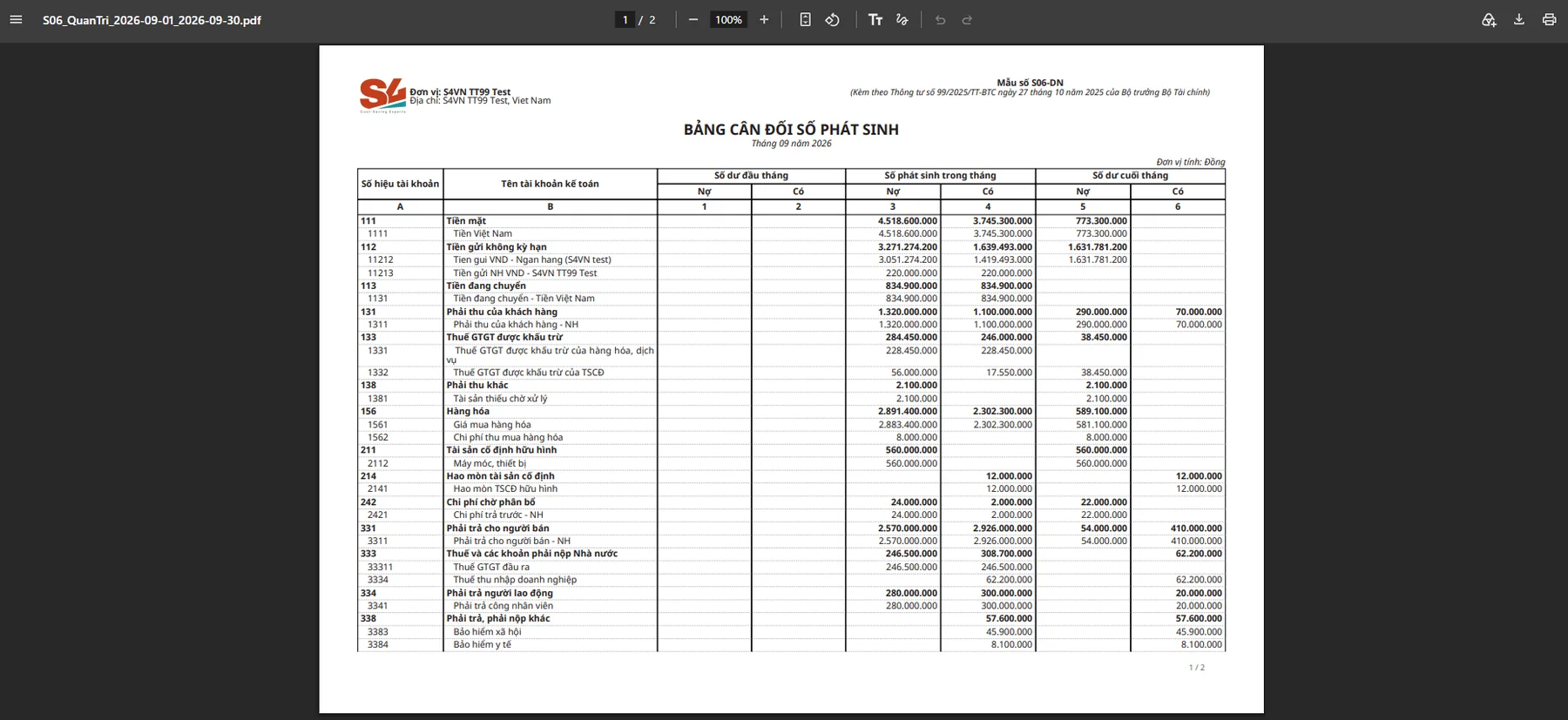 S06-DN trial balance, statutory PDF print under Circular 99 in NetSuite