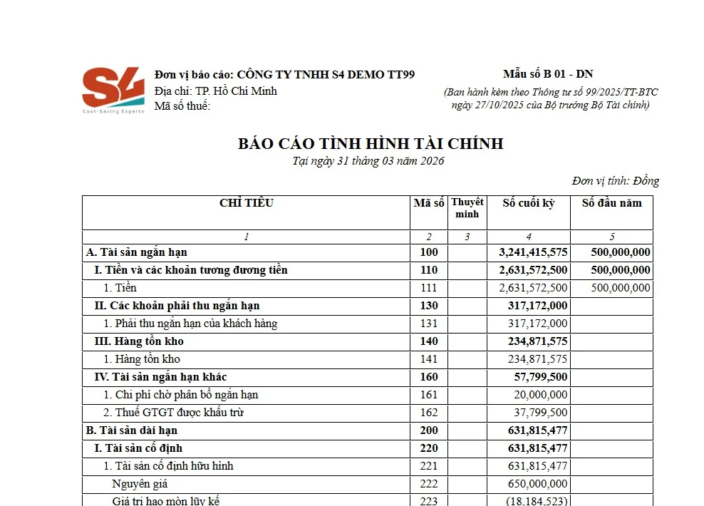 Báo cáo tình hình tài chính B01-DN theo Thông tư 99/2025 trên Acumatica