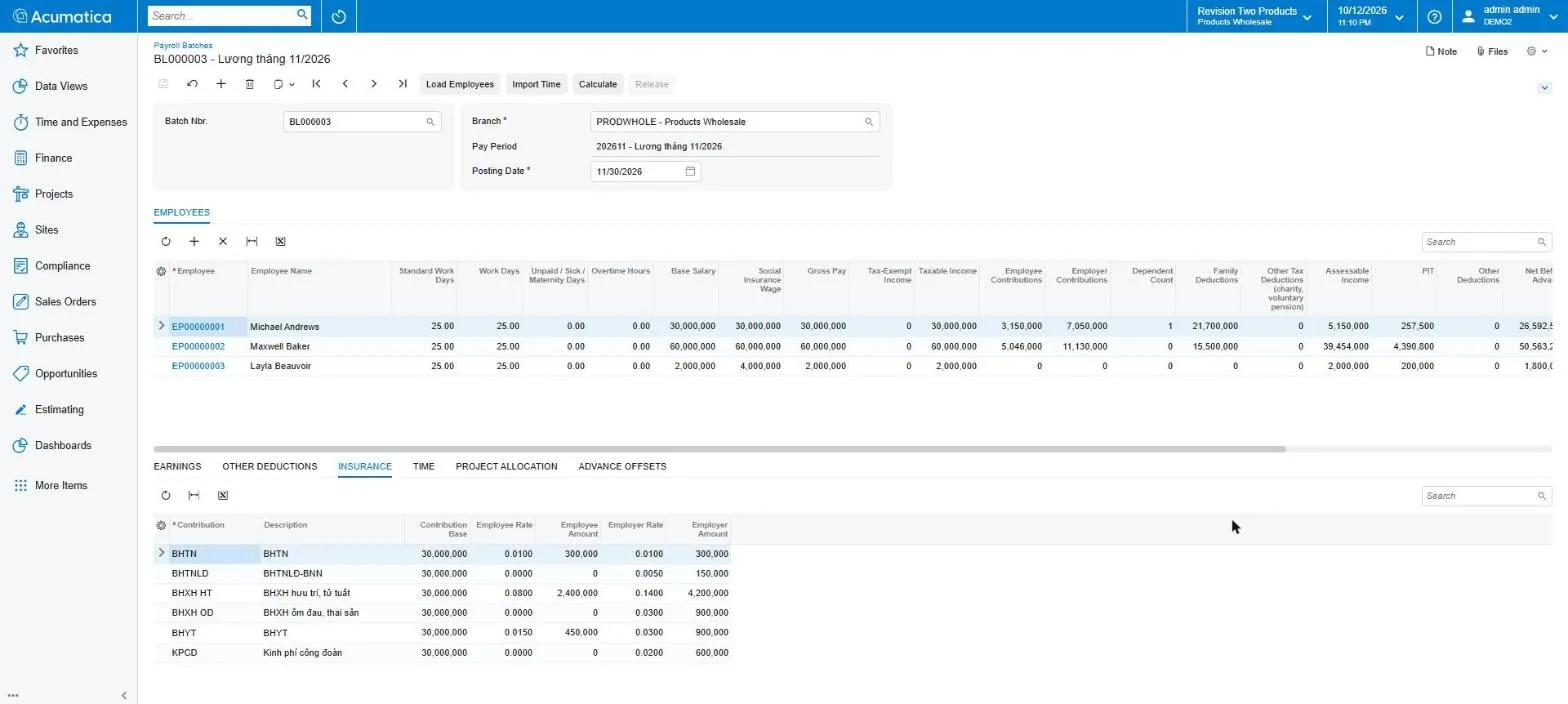 Bảng tính bảo hiểm bắt buộc trong VN Payroll