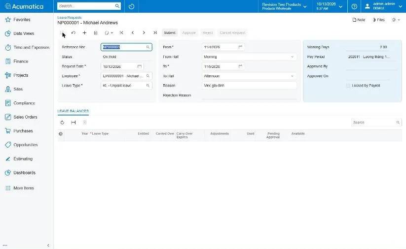 Đơn nghỉ phép trong VN Payroll